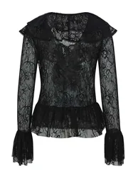 Tiered Ruffle Sheer Lace Button-Up Top in Black for Music Festivals & Artisan Markets - 6