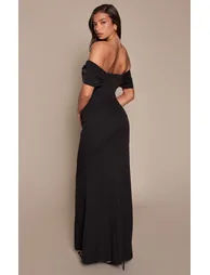 Black Woven V Neck Detail Bardot Maxi Dress - 1