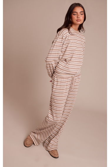 Light Brown Striped Wide Leg Drawstring Trousers