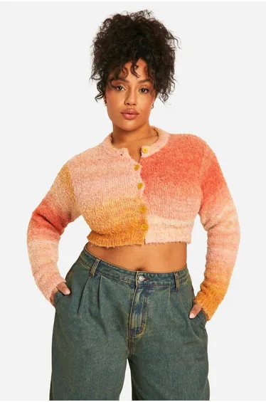 كارديغان صوف  برتقالي قصير بأكمام طويلة - للمقاسات الكبيرة