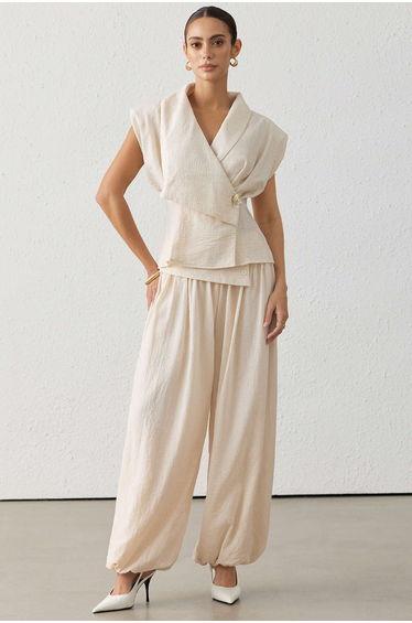Asymmetrical Button Ruched Wide Leg Pants