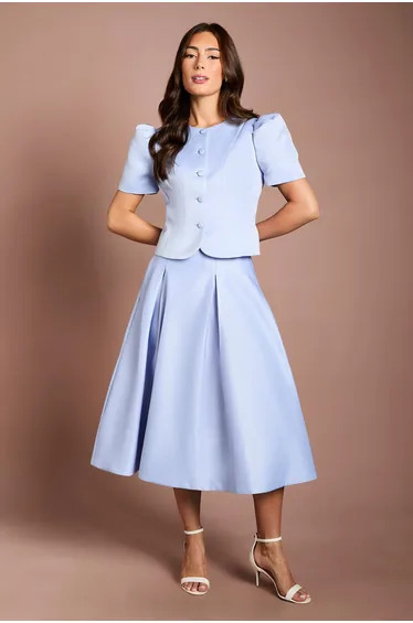 Satin Pleat Front Midi Full Skirt