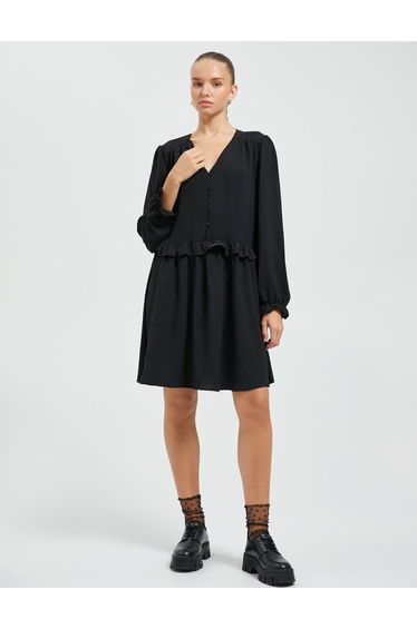 Long Sleeve Midi Dress Ruffle Button Detail V Neck