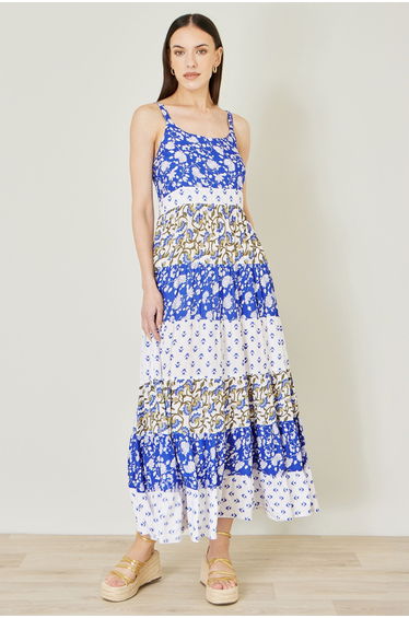 Yumi White And Blue Rayon Patchwork Print Tiered Maxi Dress