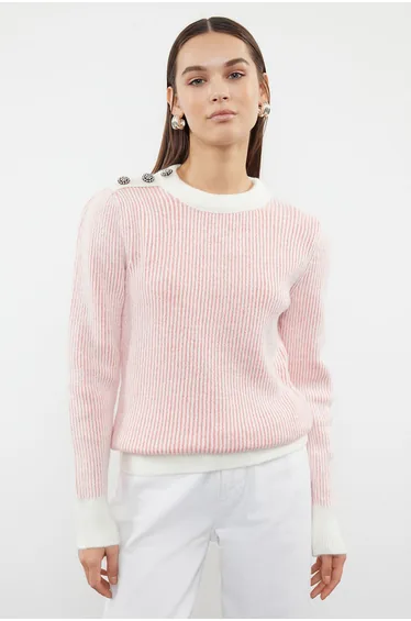 Powder Button Detailed Soft Textured Knitwear Sweater