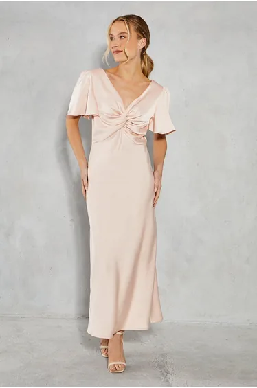 Satin Twist Front Angel Sleeve Maxi Dress