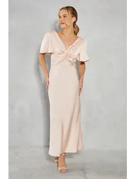 Satin Twist Front Angel Sleeve Maxi Dress