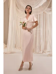 Satin Twist Front Angel Sleeve Maxi Dress - 3