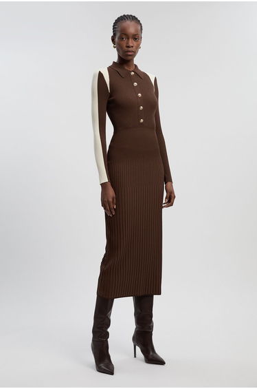 Rib Knit Military Colour Block Midi Dress