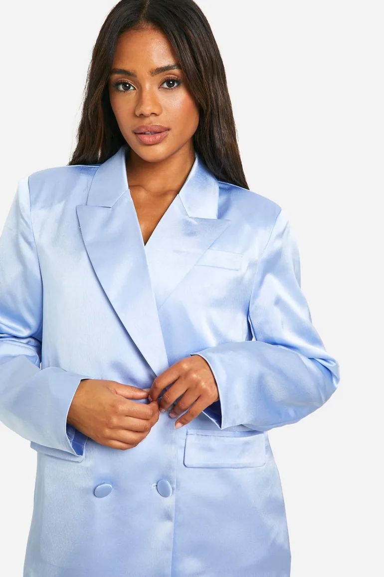 Satin Longline Blazer - baby blue - 3