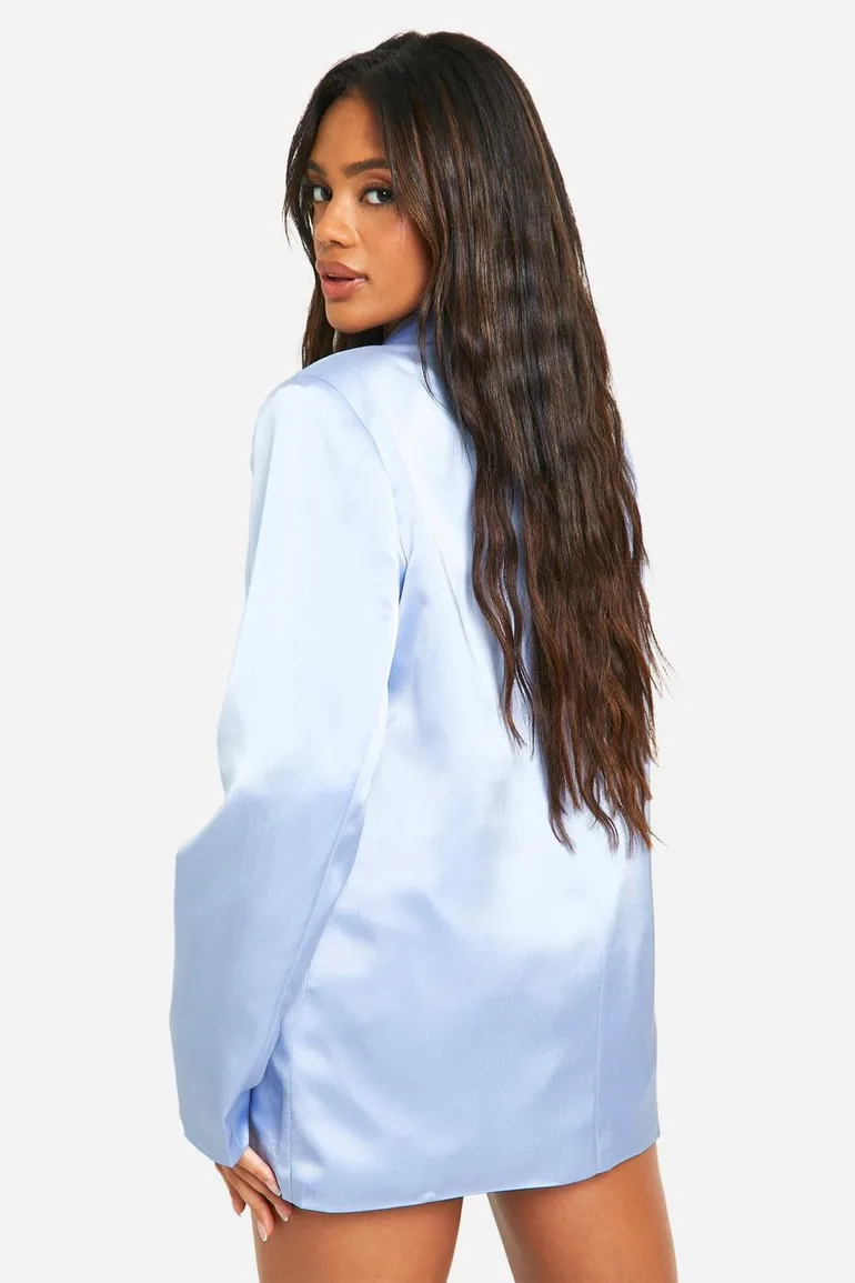 Satin Longline Blazer - baby blue - 1