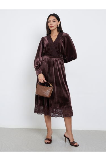 Brown Velvet Look Lace Trim A-Line Midi Dress