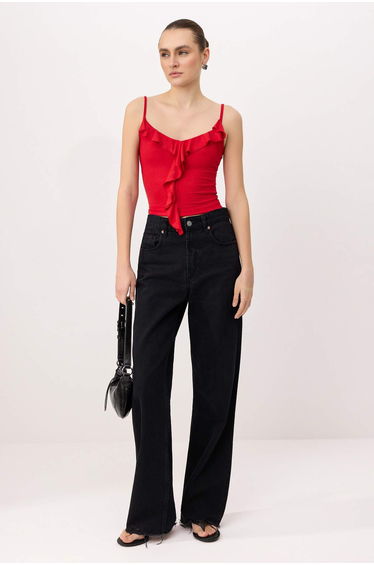 Red Strap Ruffle Fitted/Bodycon Knitted Blouse