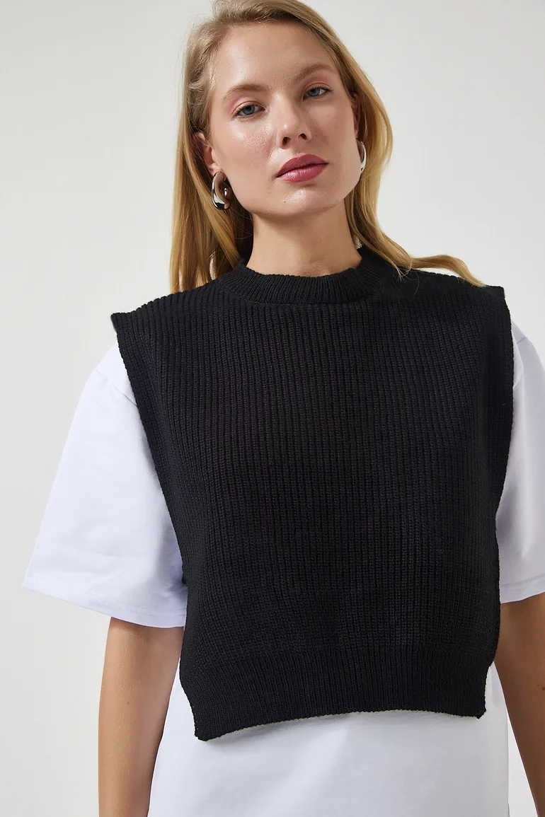 Women's Black Sweater Knitted T-Shirt - 3
