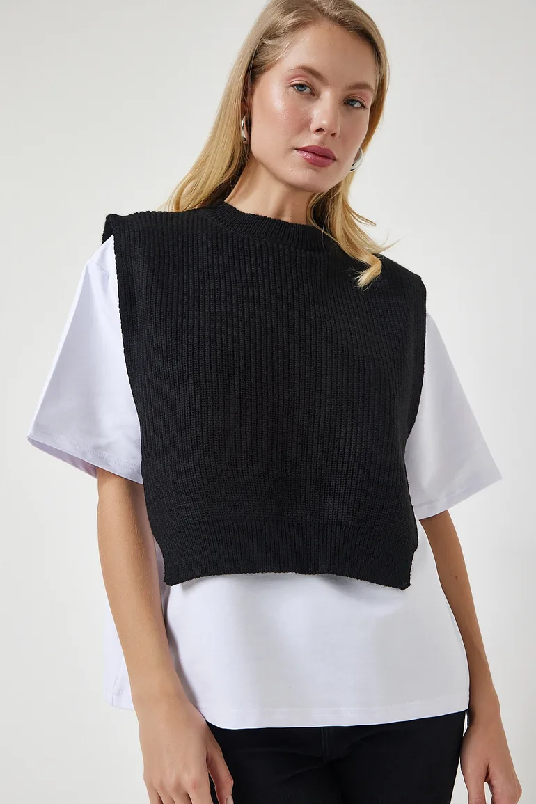 Women's Black Sweater Knitted T-Shirt - 2