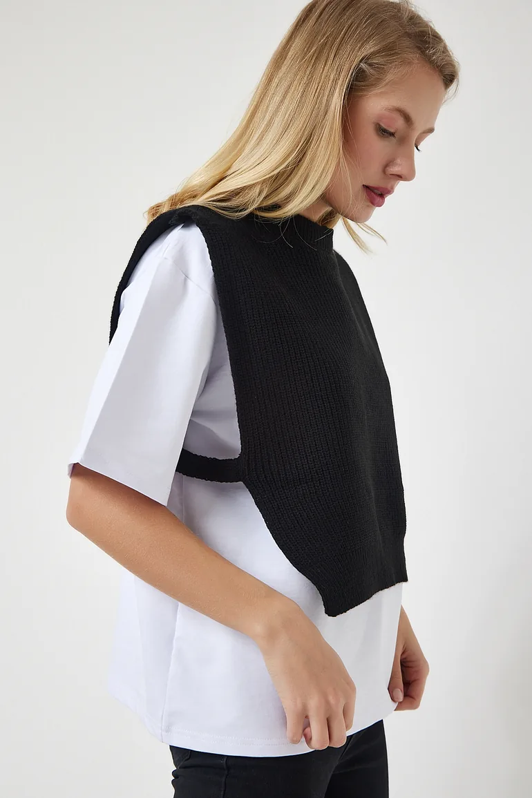 Women's Black Sweater Knitted T-Shirt - 1