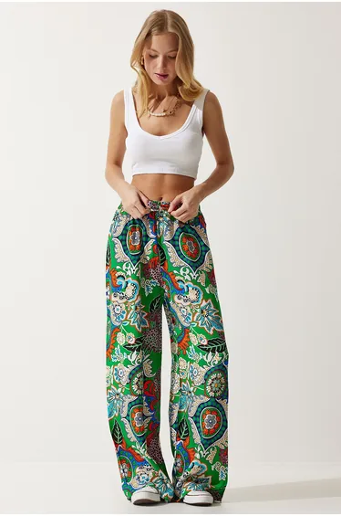 Women's Green Orange Patterned Flowing Viscose Palazzo Trousers