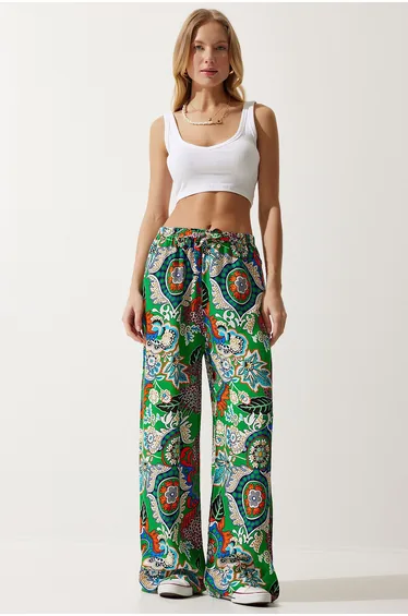 Women's Green Orange Patterned Flowing Viscose Palazzo Trousers