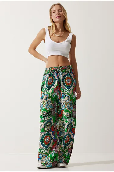Women's Green Orange Patterned Flowing Viscose Palazzo Trousers