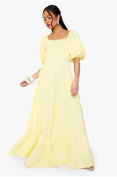 Extreme Puff Sleeve Shirred Maxi Smock Dress - lemon