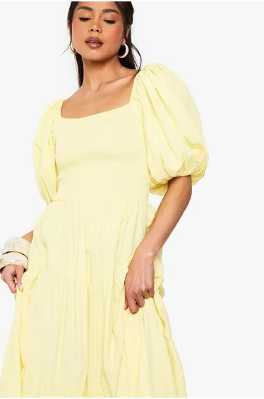 Extreme Puff Sleeve Shirred Maxi Smock Dress - lemon