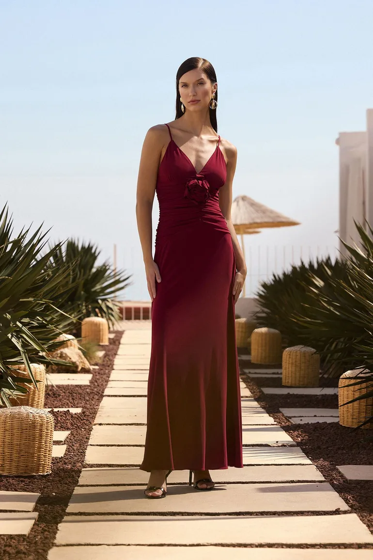 Burgundy Rose Detailed Knitted Maxi Elegant Evening Night Graduation Dress Trendyol Red : Evening Dresses : VogaCloset Iraq Burgundy Rose Detailed Knitted Maxi Elegant Evening Night Graduation Dress Trendyol Red : Evening Dresses : VogaCloset Iraq
