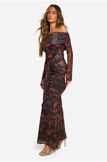 Mesh Snake Print Twist Detail Maxi Dress - snake