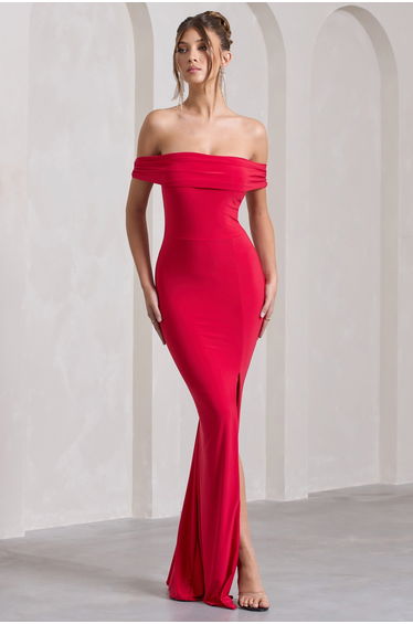 Law of Attraction | Red Bardot Draped Split Maxi Dress