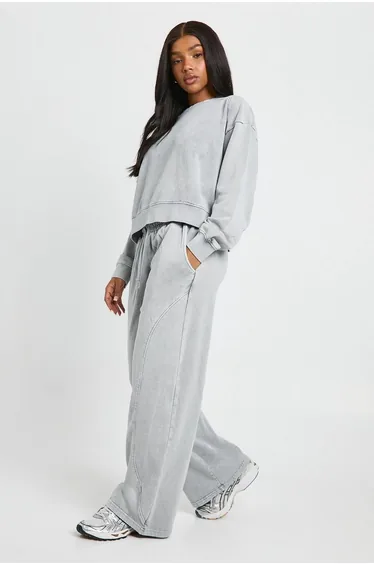 Washed Ribbed Detail Straight Leg Tracksuit - charcoal