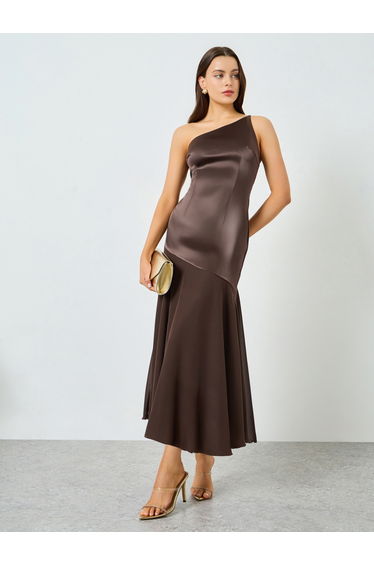 Brown Satin One Shoulder Neck Midi Dress