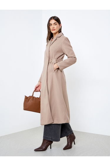 Beige Regular Fit Wool Coat with Belt