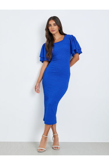 Women Blue Short Sleeves Sheath Midi Dress