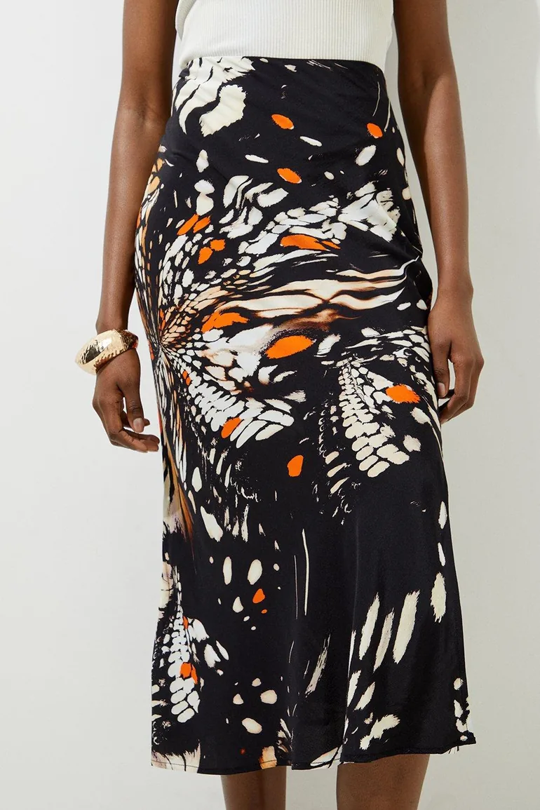Butterfly Printed Viscose Crepe Woven Midi Skirt - 2