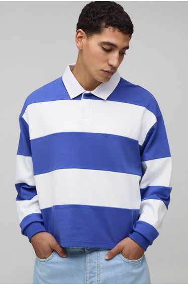 Oversized Shrunken Stripe Interlock Long Sleeve Rugby Polo - cobalt