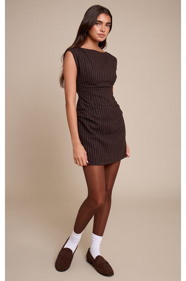 Chocolate Pinstripe Ruched Bodycon Dress
