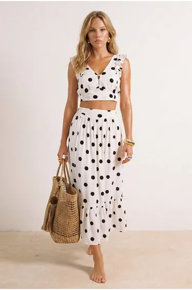 White Woven Ruffled Beach Blouse-Skirt Set