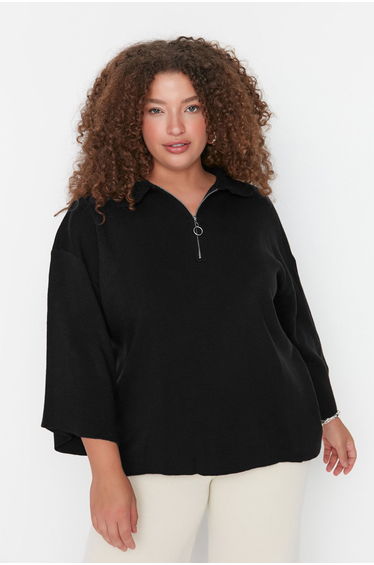 Black Polo Collar Zipper Detailed Knitwear Sweater