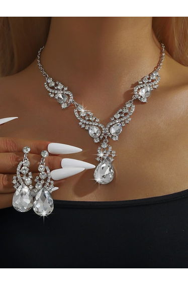 2-Piece Rhinestone Drop Embellished Necklace and Earrings Jewelry Set
