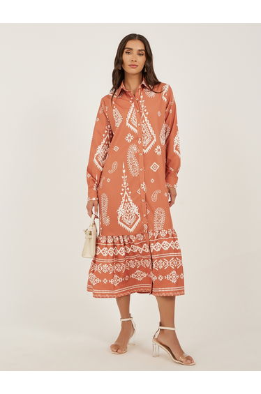 Printed Long Sleeves Shirt Midi Dress
