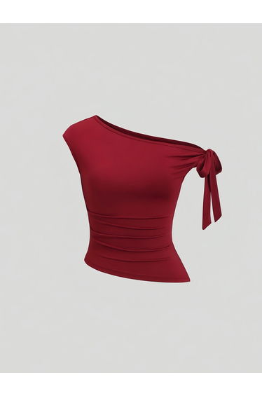 Burgundy One Shoulder Knot-Detail Top