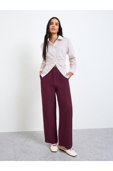 Burgundy Pintuck Detail Wide Leg Pants