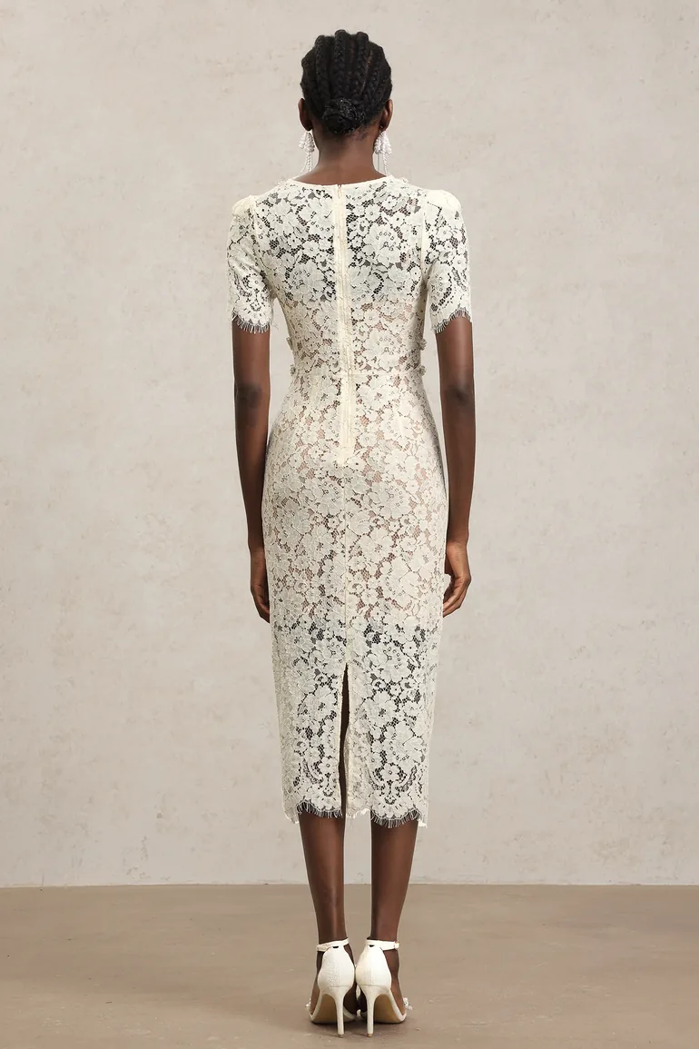 فستان ميدي دانتيل بفيونكة بأكمام قصيرة بياقة V - 5