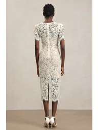 فستان ميدي دانتيل بفيونكة بأكمام قصيرة بياقة V - 5