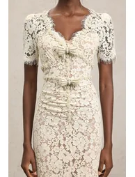 فستان ميدي دانتيل بفيونكة بأكمام قصيرة بياقة V - 4