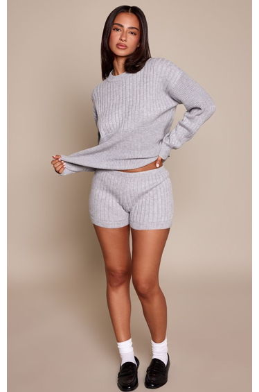Petite Grey Marl Ribbed Knit Mini Shorts