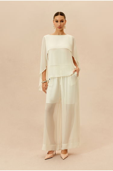 Love This Feeling Beige Sheer Layered Top & Wide Leg Pants Set