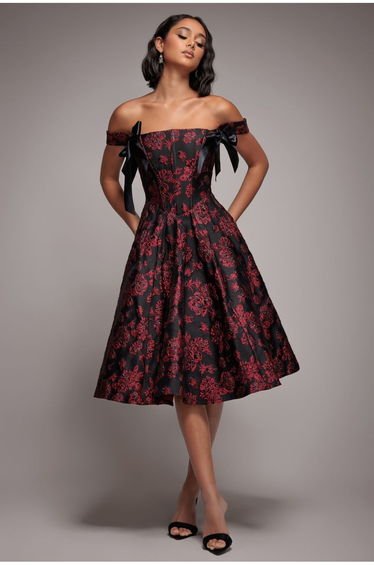 Jacquard Multiway Bow Strap Skater Midi Dress - Black by Goddiva