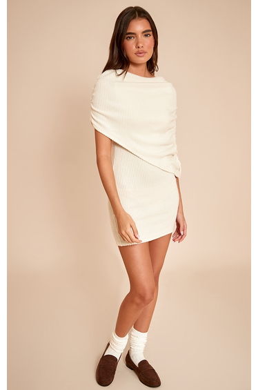 Cream Brushed Rib Overlay Detail Bodycon Dress