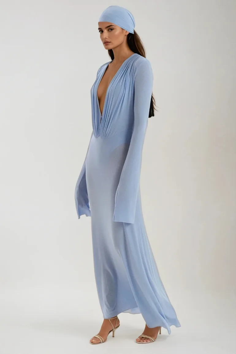Cerys Plunge Ruch Maxi Dress In Blue