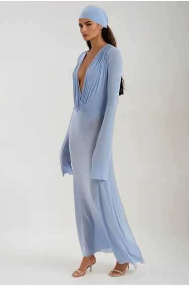 Cerys Plunge Ruch Maxi Dress In Blue